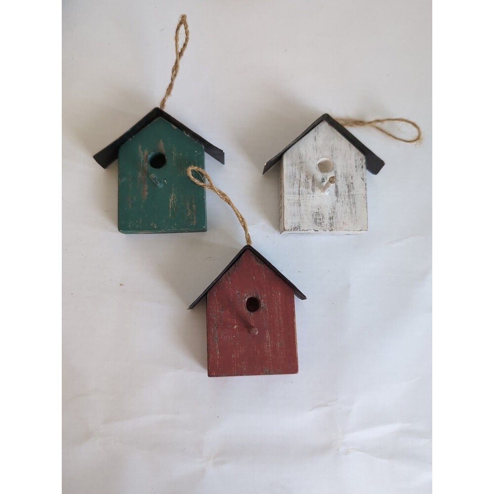 Bird House Christmas Tree Ornaments Lot Of 3 Wood Painted Folk Art